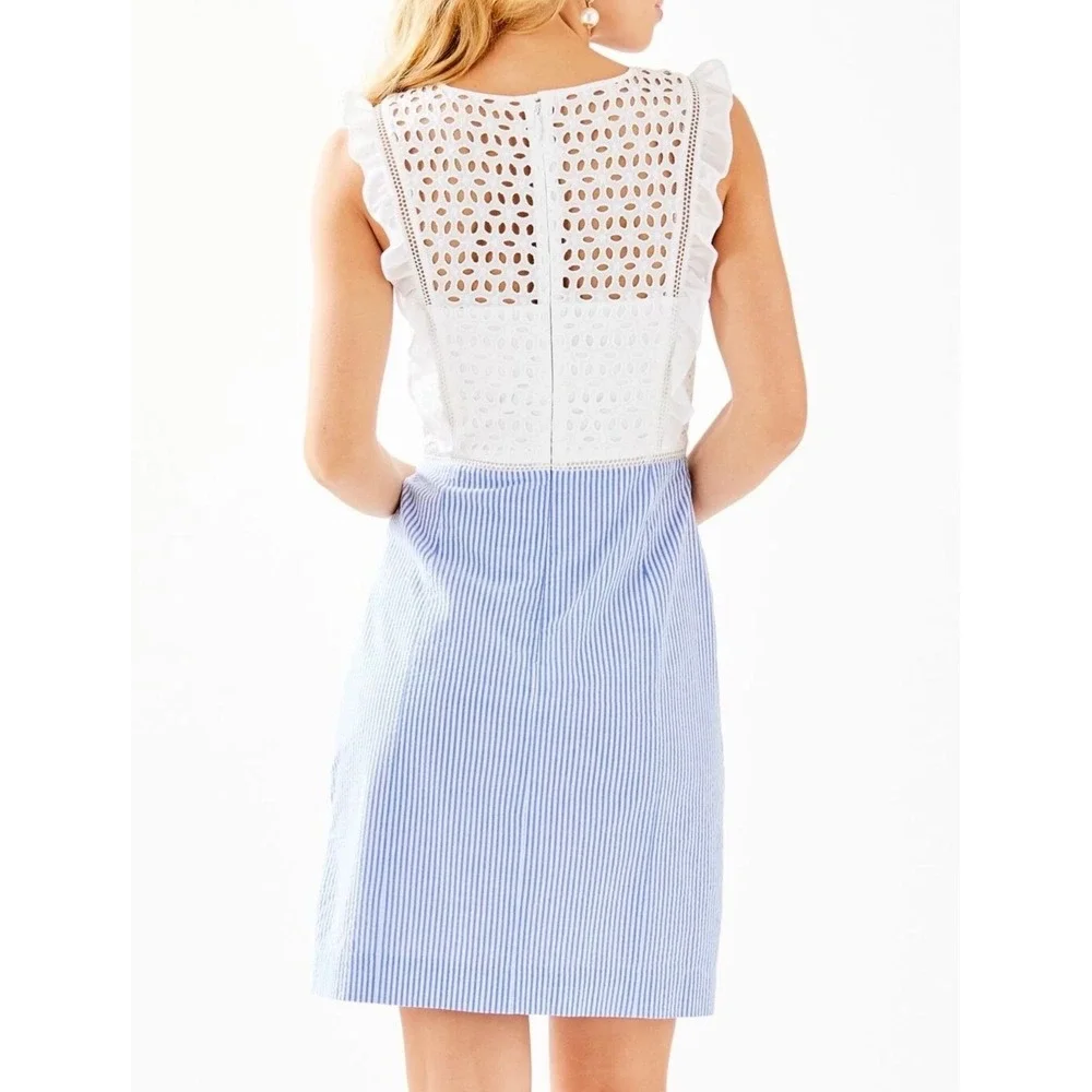 Lilly Pulitzer Seersucker Eyelet Ruffle Sheath Dress Womens 10 Blue White